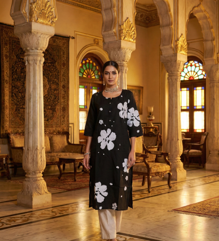 Black Floral Printed Straight Kurti