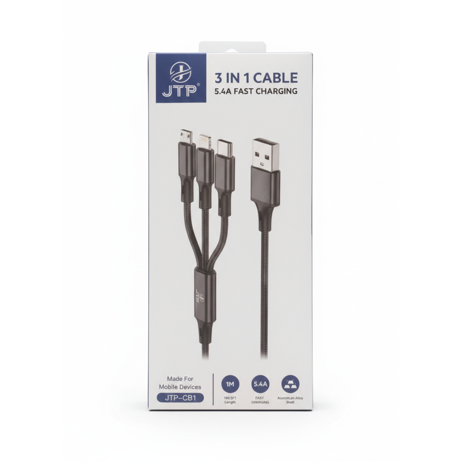3 in 1 Multi Charging Cable, USB-C, USB-A, 1M, 5.4A Fast Charging, Aluminum Shell