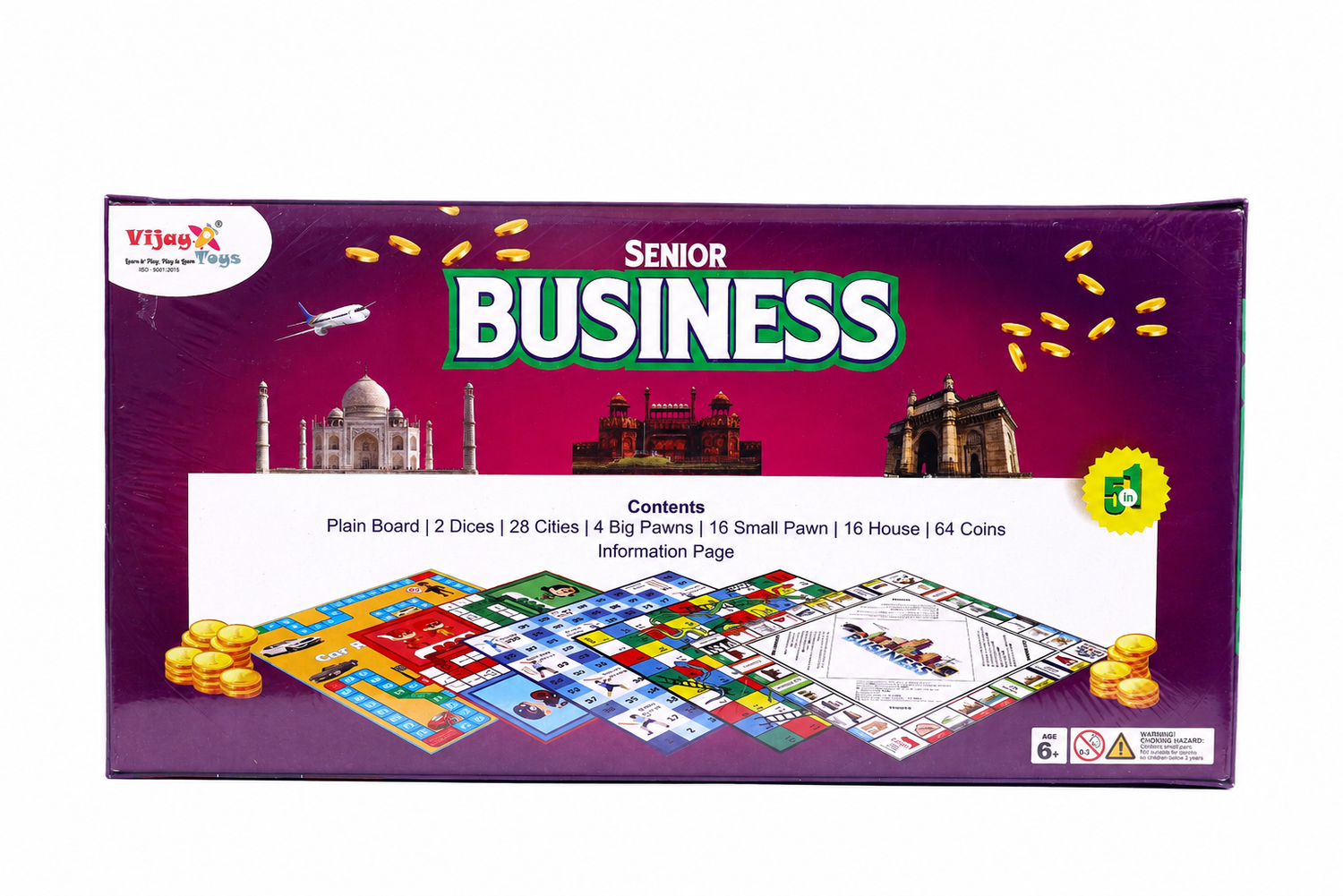 5 in 1 Business Senior Coin Board Game Game, 2 to 4 Players Family Game with Plastic Coins, Includes Ludo, Snakes & Ladders, Car Rally & Cricket Games, Perfect for Kids & Adults Play