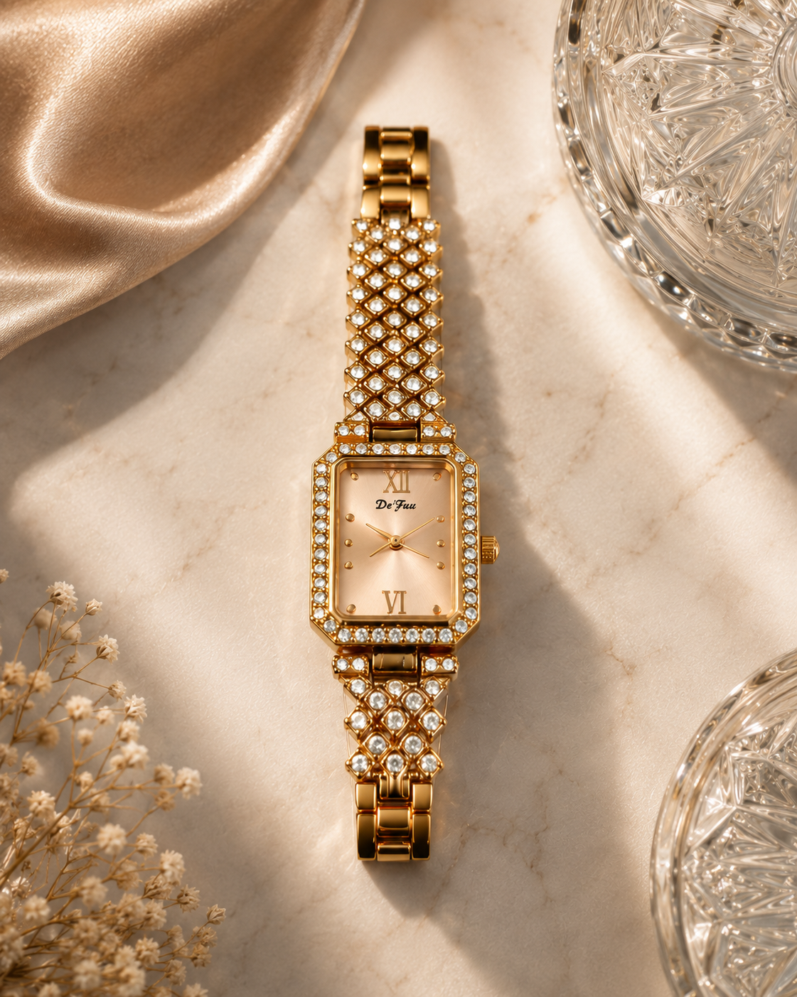 De'Fuu Women's Luxury Gold Crystal Bracelet Analog Watch