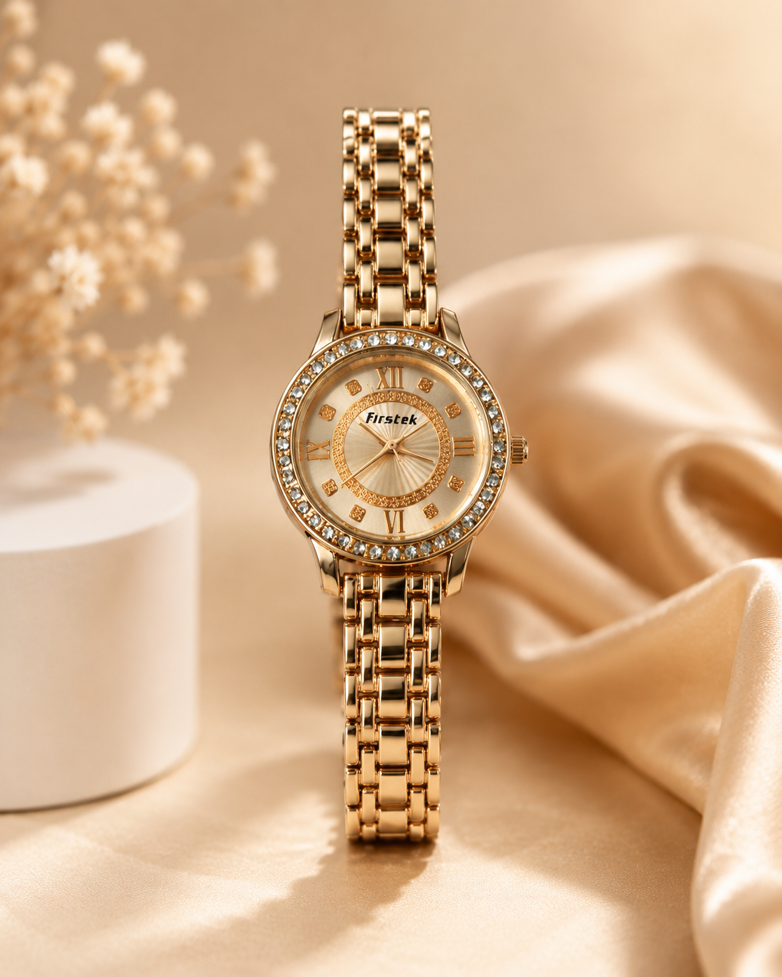 Firstek Women's Crystal Bezel Analog Rose Gold Watch