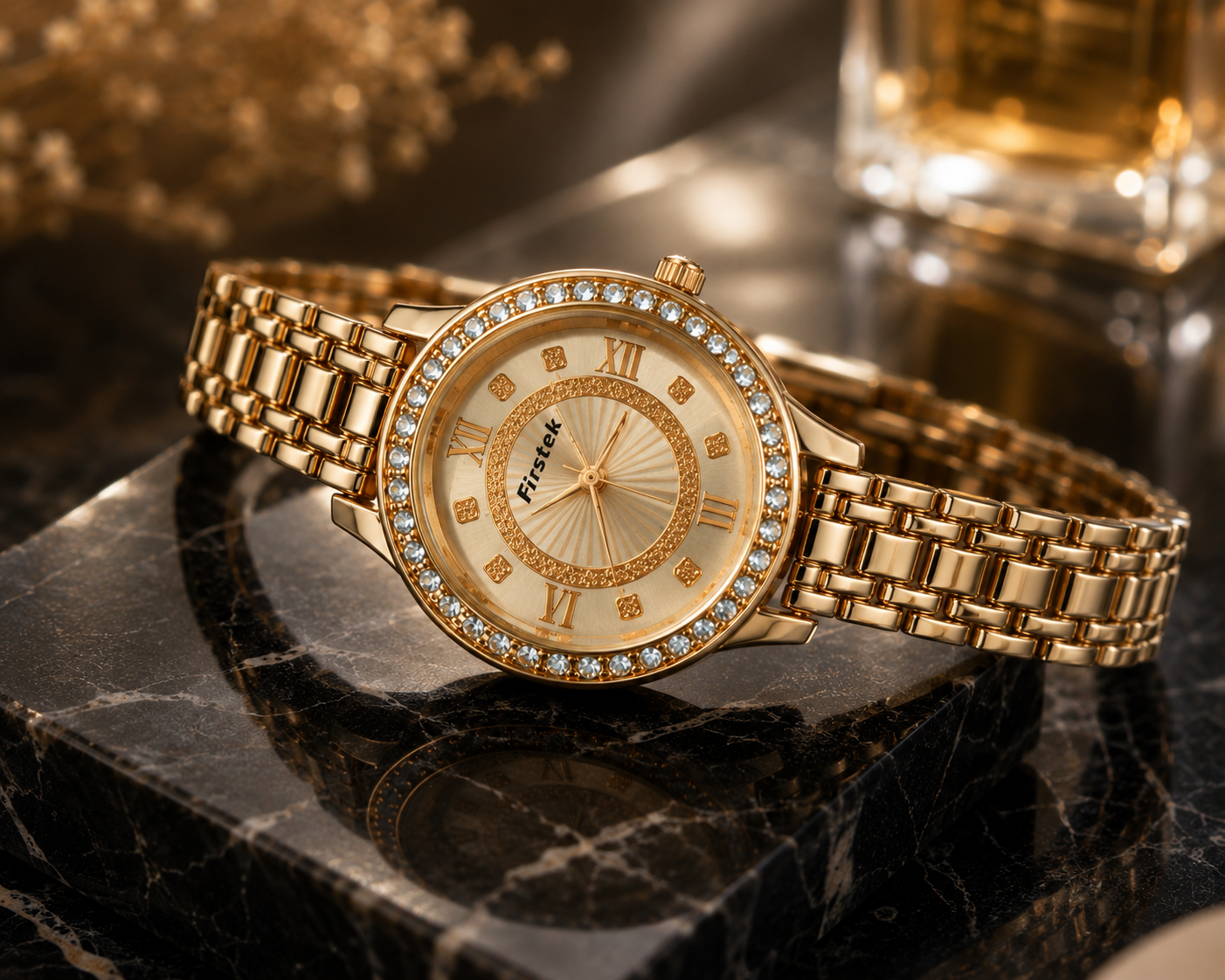 Firstek Women's Crystal Bezel Analog Rose Gold Watch