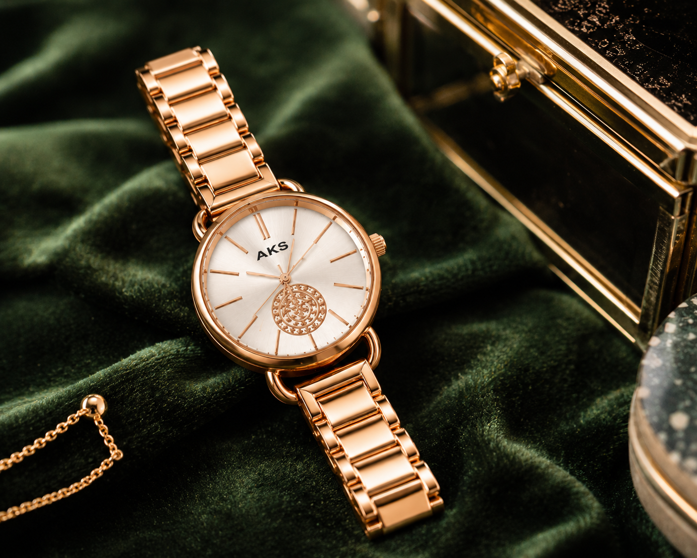 AKS Women's Premium Rose Gold Analog Watch with Stainless Steel Bracelet | White Dial