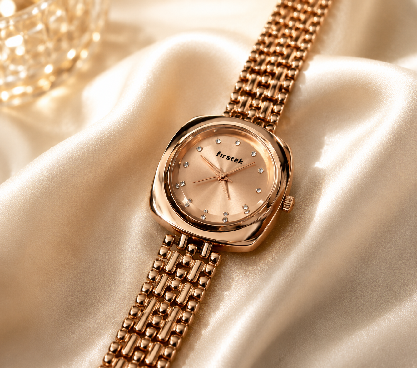 Firstek Women's Rose Gold Analog Quartz Watch with Crystal Studded Dial