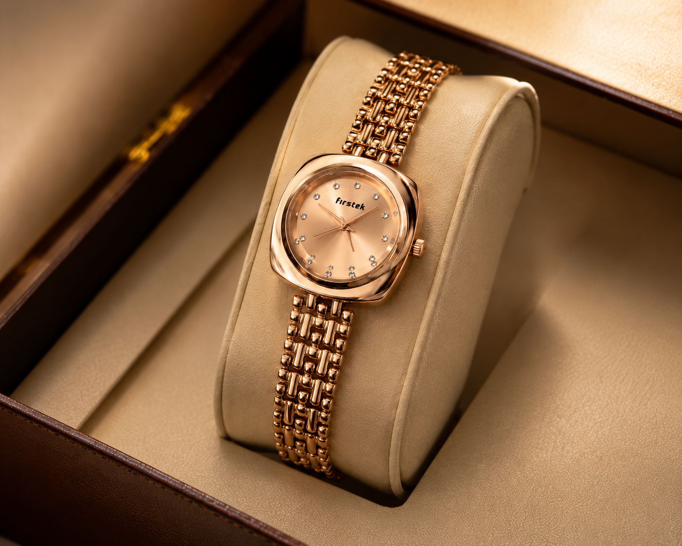 Firstek Women's Rose Gold Analog Quartz Watch with Crystal Studded Dial