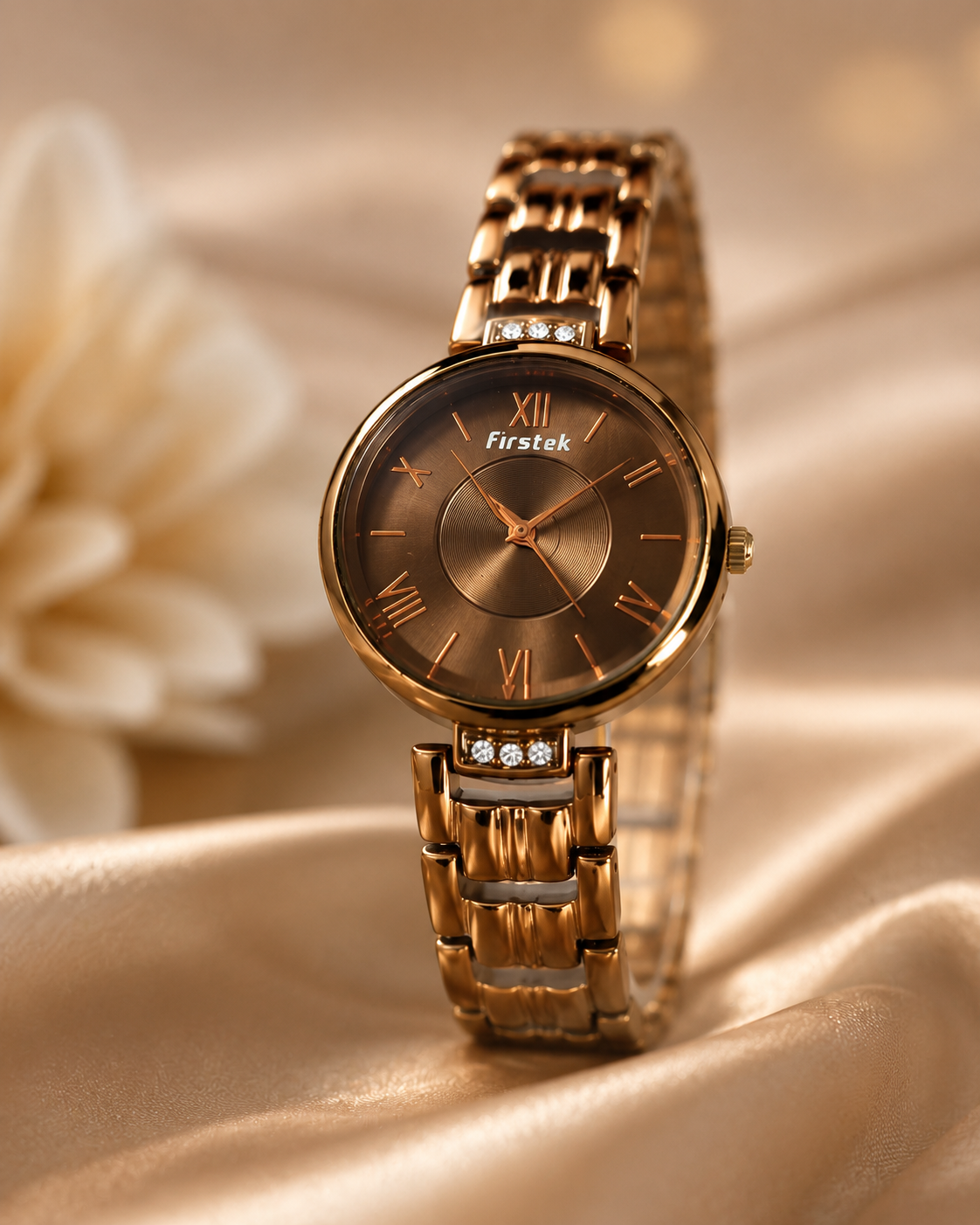 Firstek Women's Rose Gold Analog Quartz Watch with Roman Dial & Metal Strap