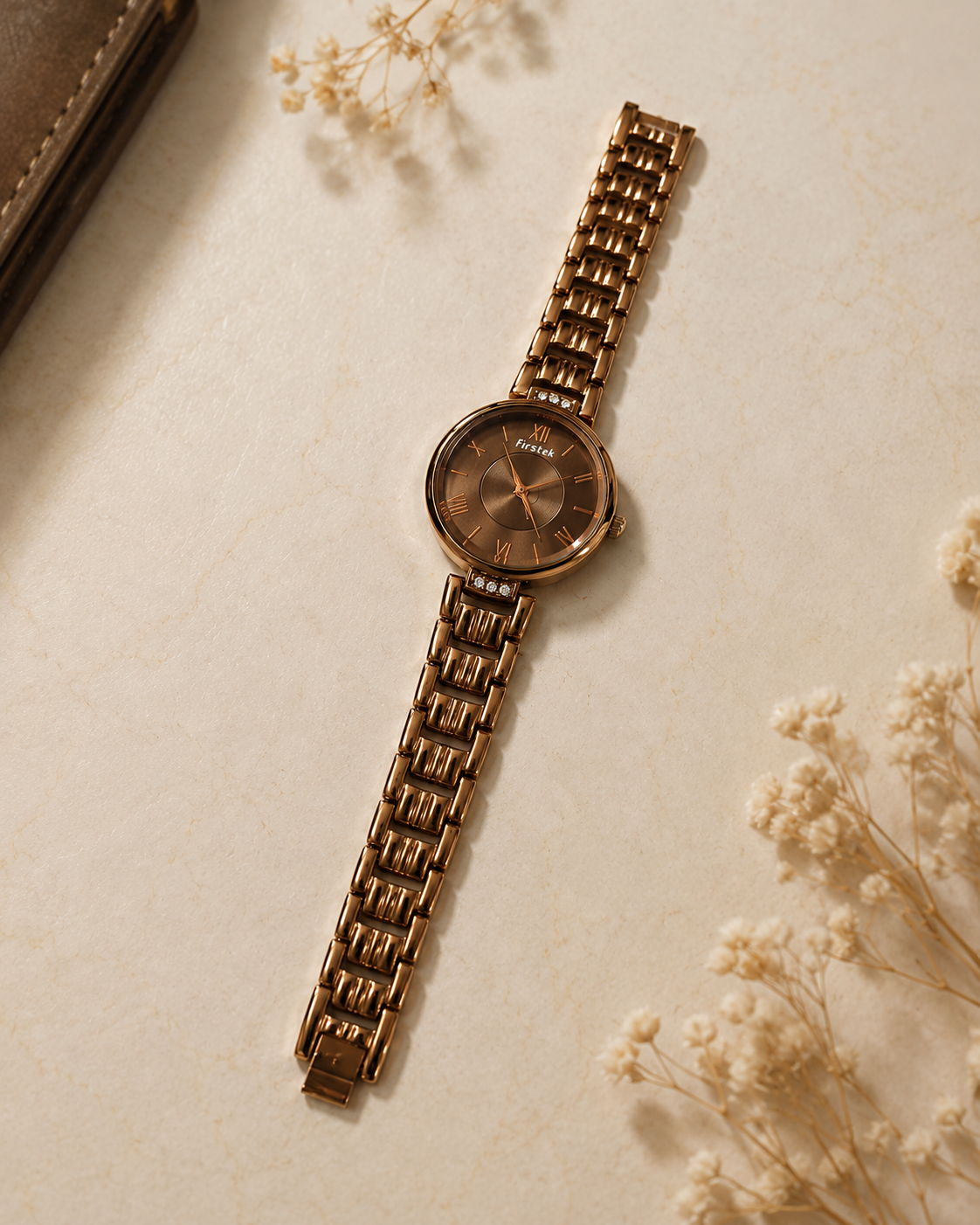 Firstek Women's Rose Gold Analog Quartz Watch with Roman Dial & Metal Strap