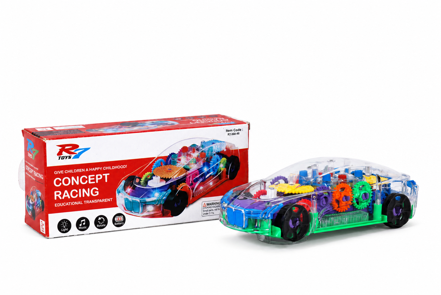 CONCEPT RACING Gear Display Transparent Car Toy for Kids - 360 Degree Rotating Concept Racing Vehicle with 3D Flashing LED Lights