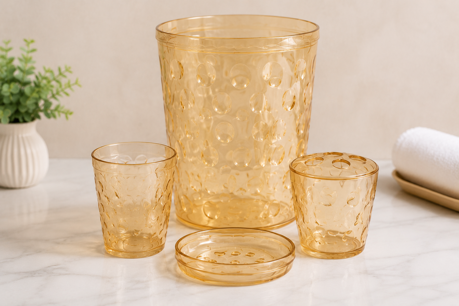 Bathroom Accessories Set – Premium Plastic Bathroom Organizer Kit (Amber) 4-Piece