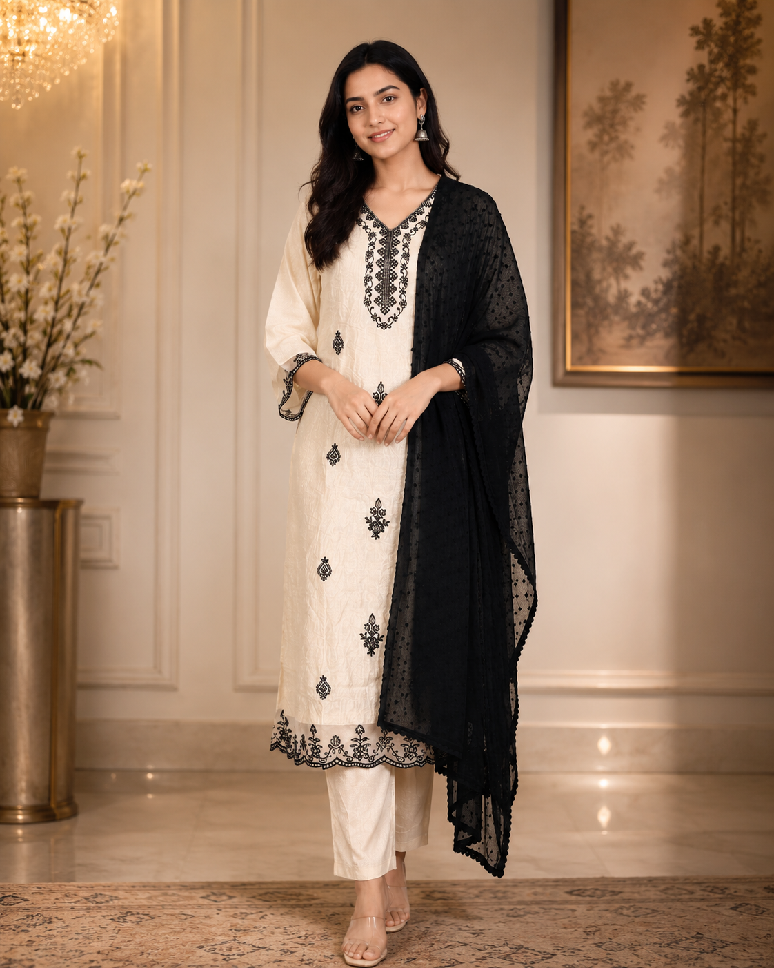 Off-White & Black Embroidered Kurta Set with Net Dupatta