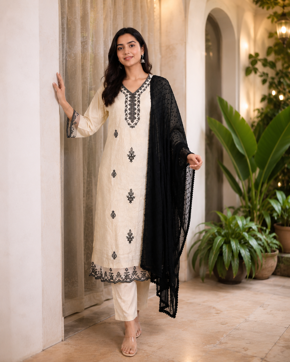 Off-White & Black Embroidered Kurta Set with Net Dupatta
