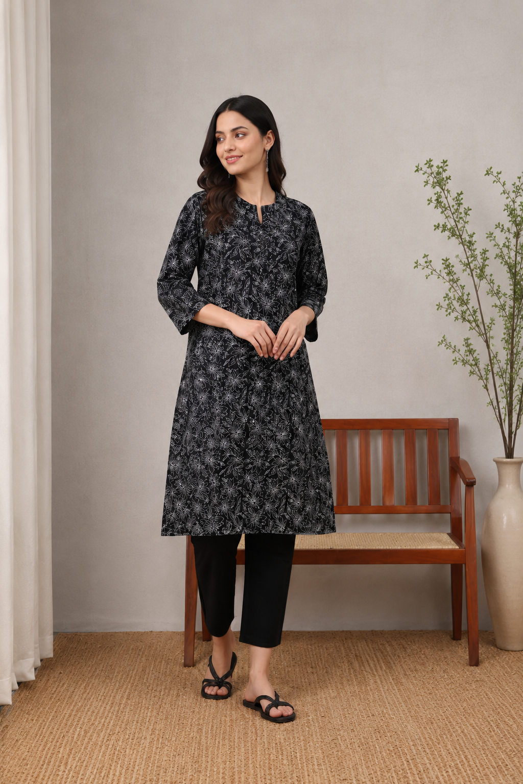 Black Printed Straight Kurta with Pant
