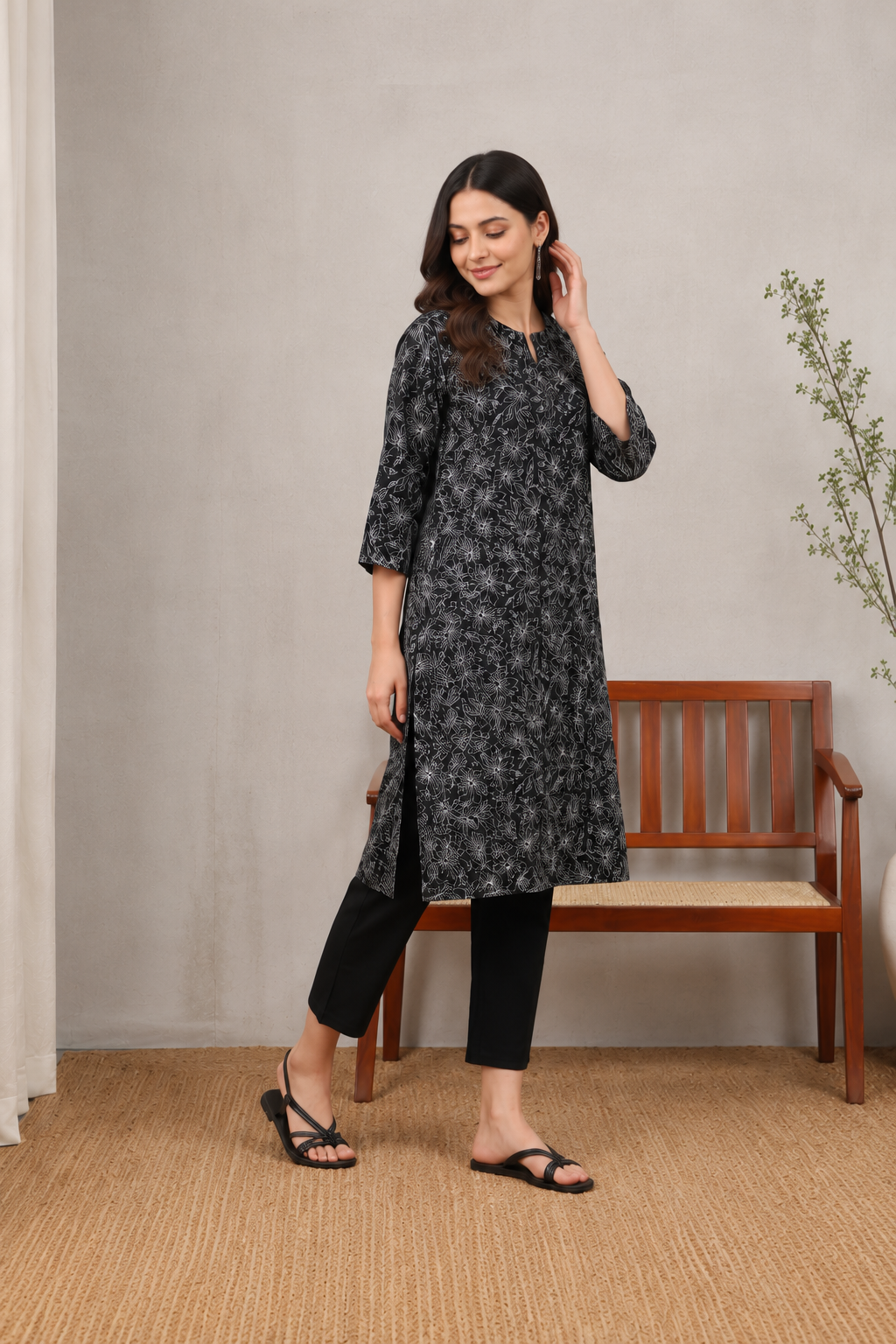 Black Printed Straight Kurta with Pant