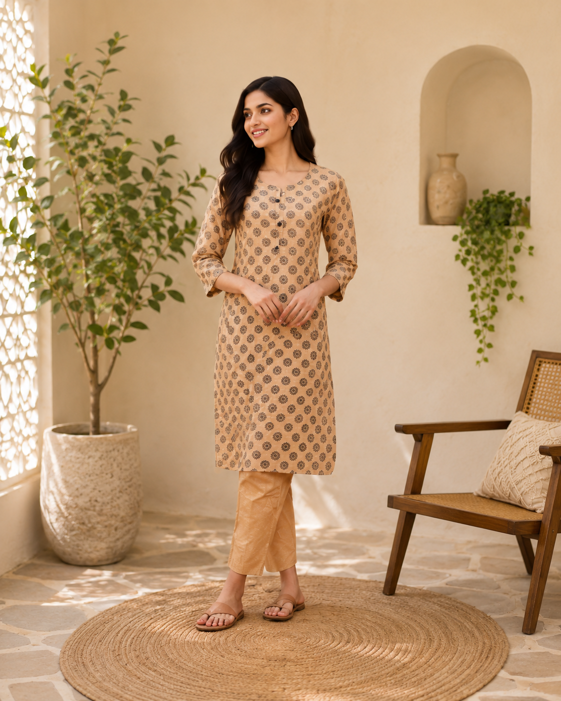 Beige Printed Straight Kurta with Pant Set