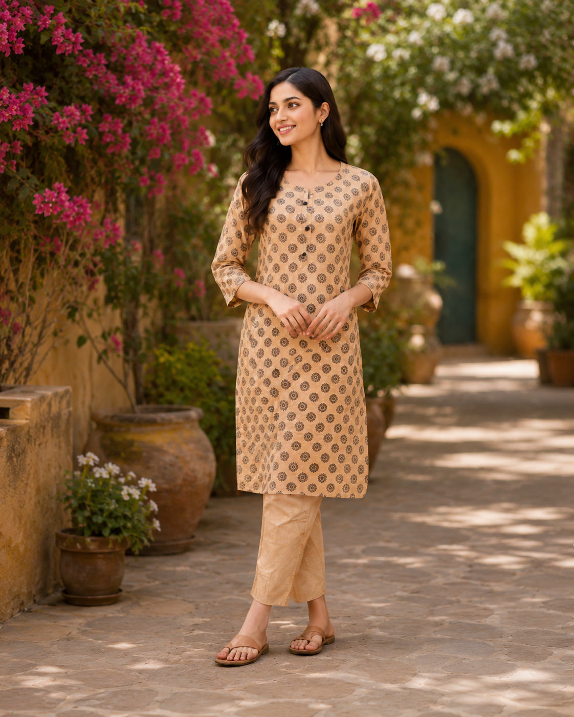 Beige Printed Straight Kurta with Pant Set