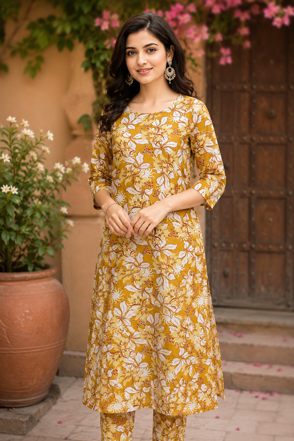 Mustard Yellow Floral Printed Kurta with Pant