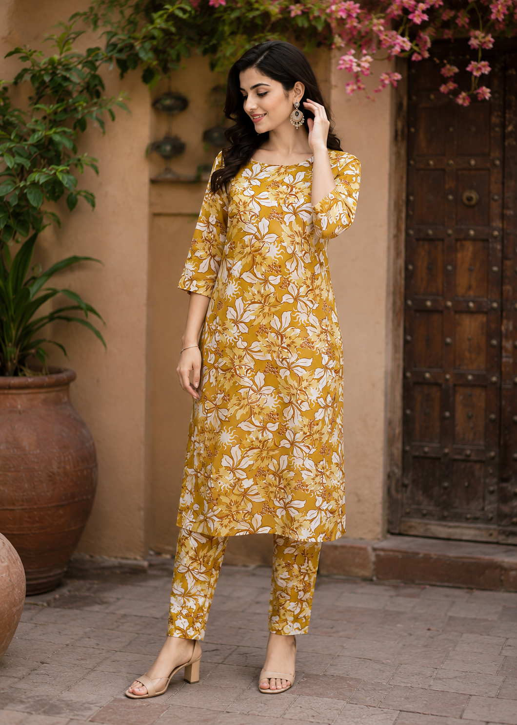 Mustard Yellow Floral Printed Kurta with Pant