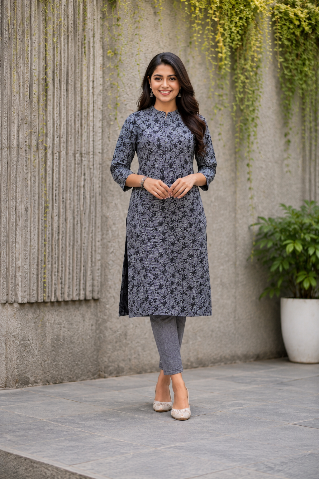 Grey Floral Printed Kurti with Pant