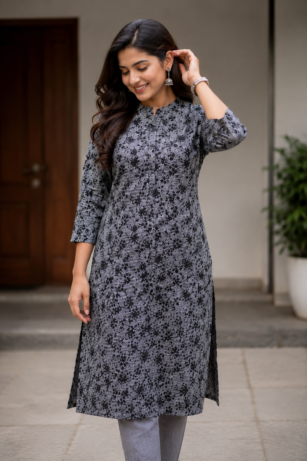 Grey Floral Printed Kurti with Pant