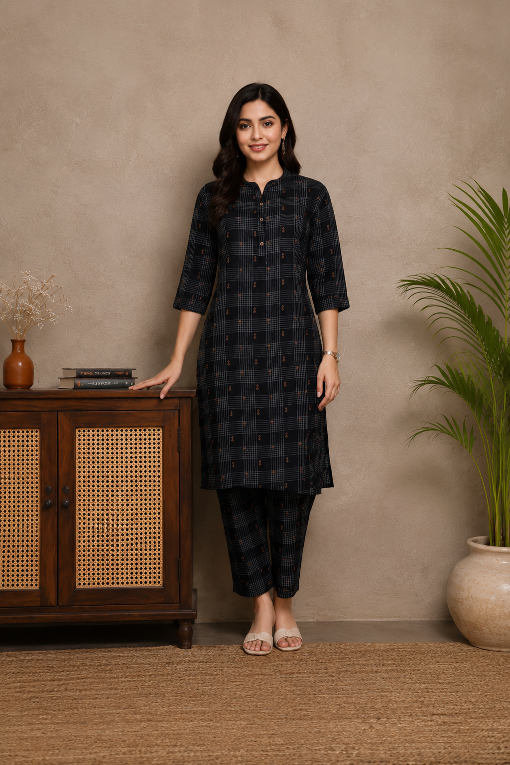 Black Checked Printed Kurta with Pant