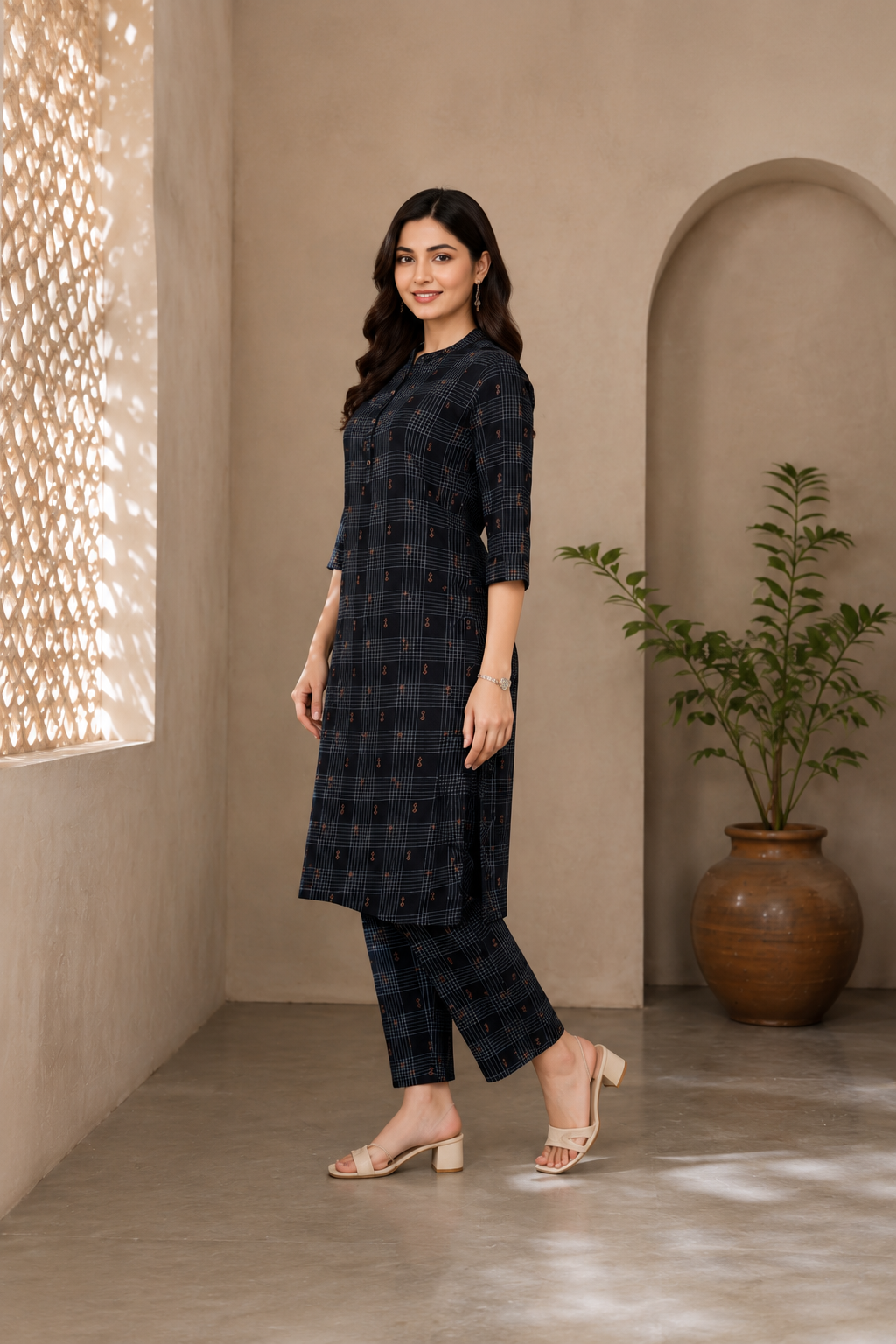 Black Checked Printed Kurta with Pant