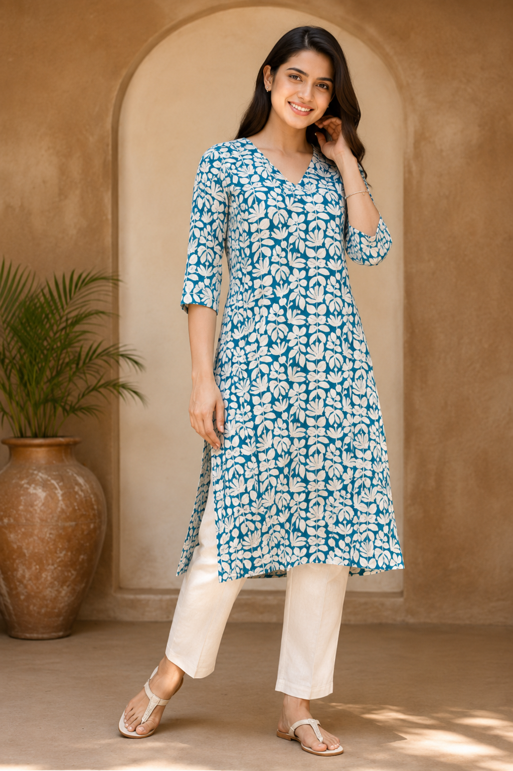 Women's Teal Floral Printed Straight Kurti