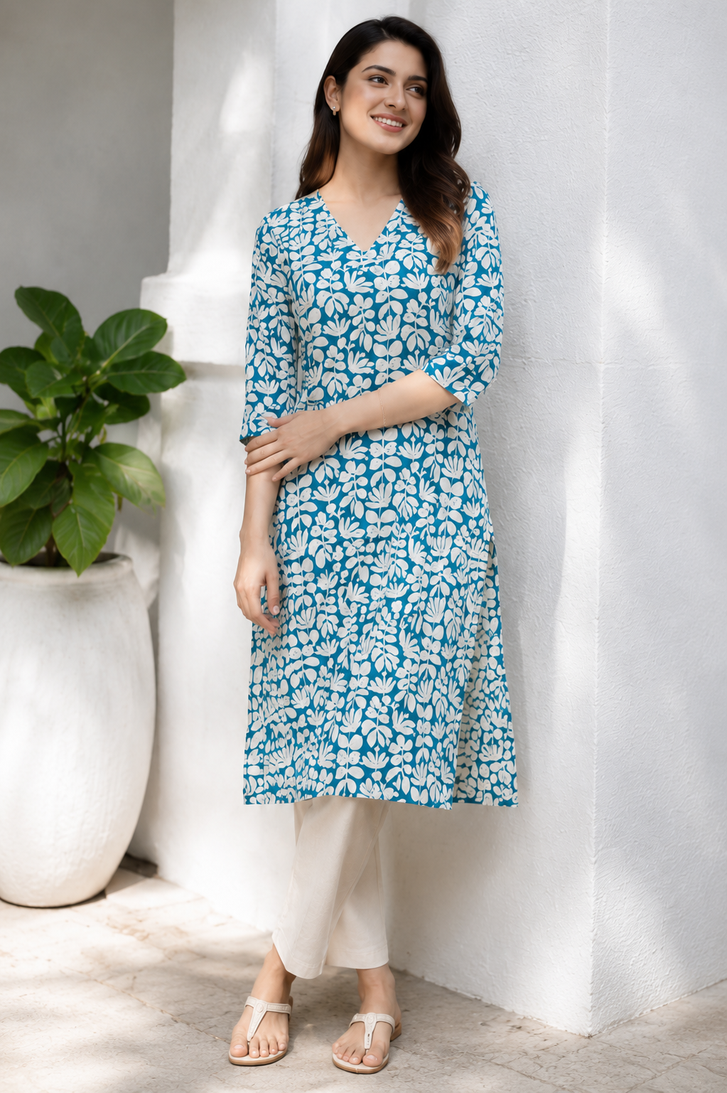 Women's Teal Floral Printed Straight Kurti