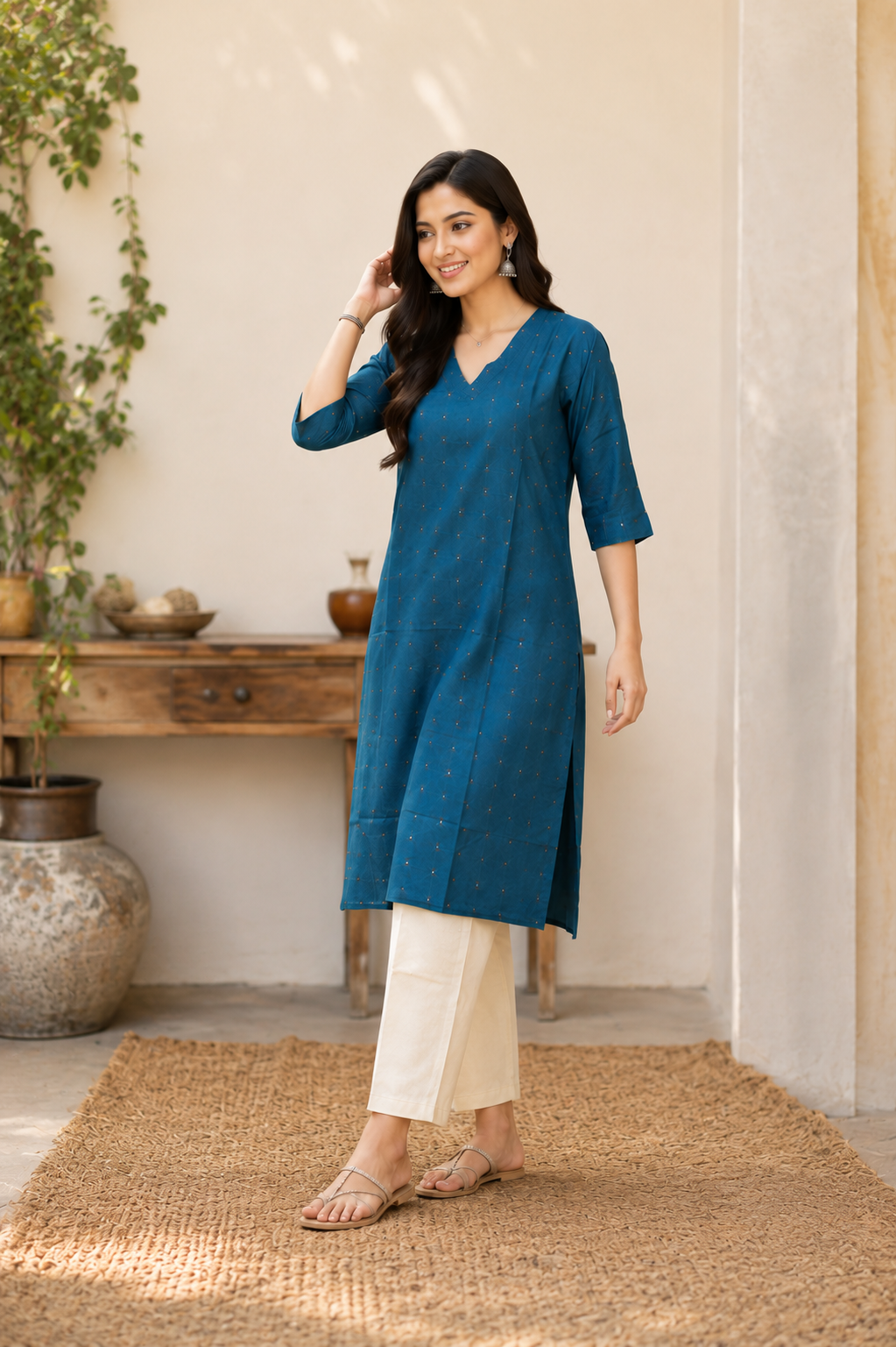Teal Gold Buti Straight Kurta
