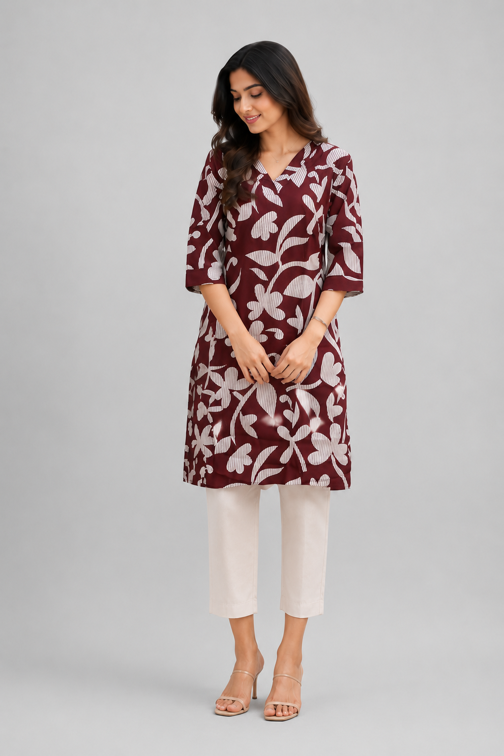 Maroon Floral Printed Straight Kurti