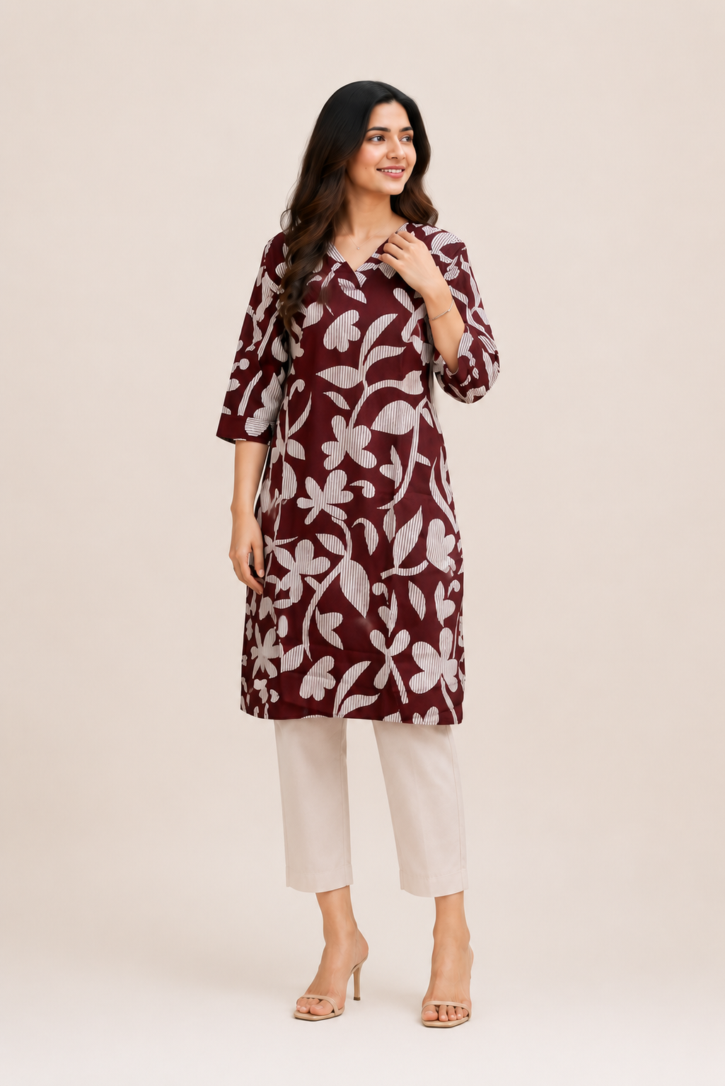 Maroon Floral Printed Straight Kurti