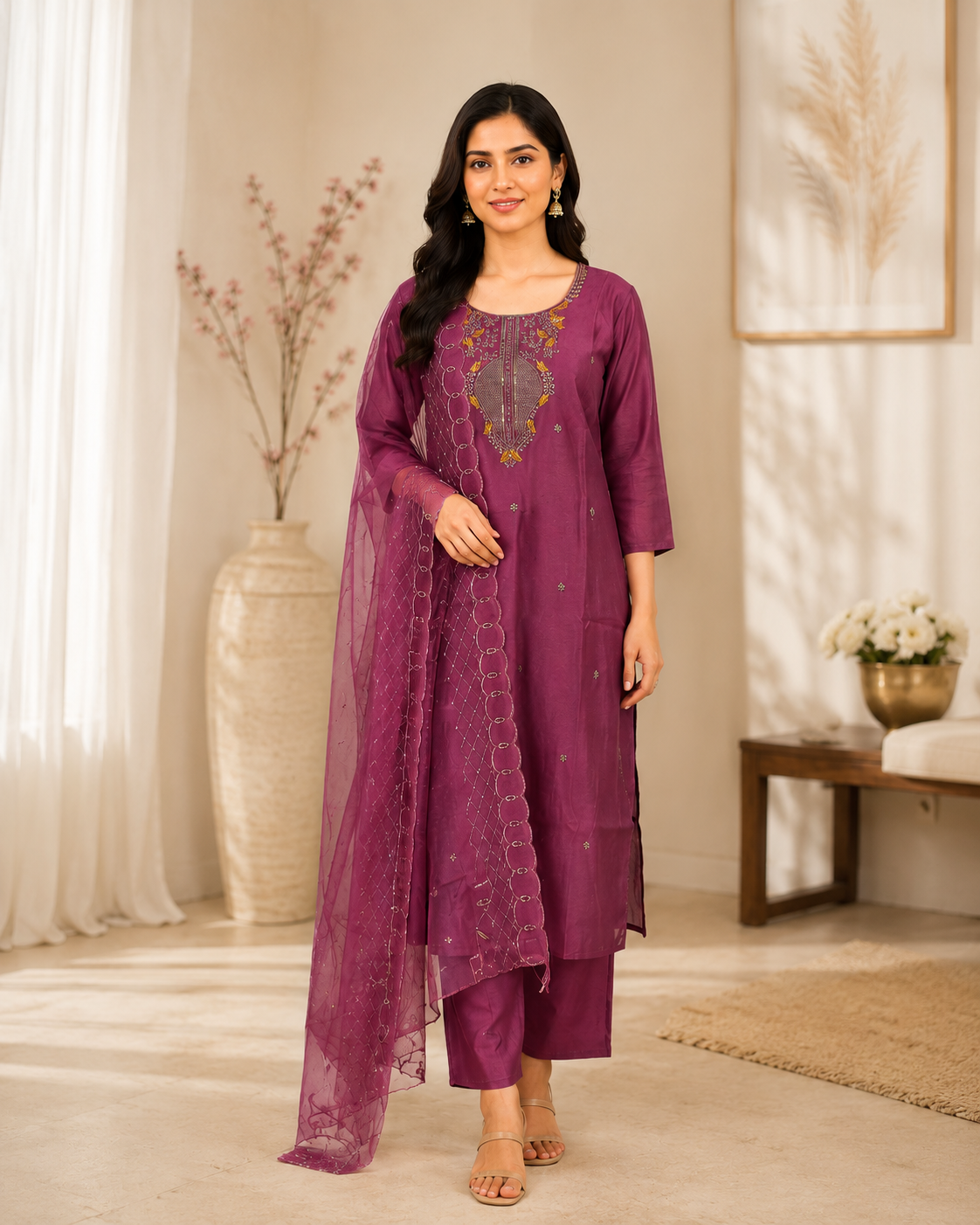Dusty Rose Embroidered Kurta Set with Net Dupatta