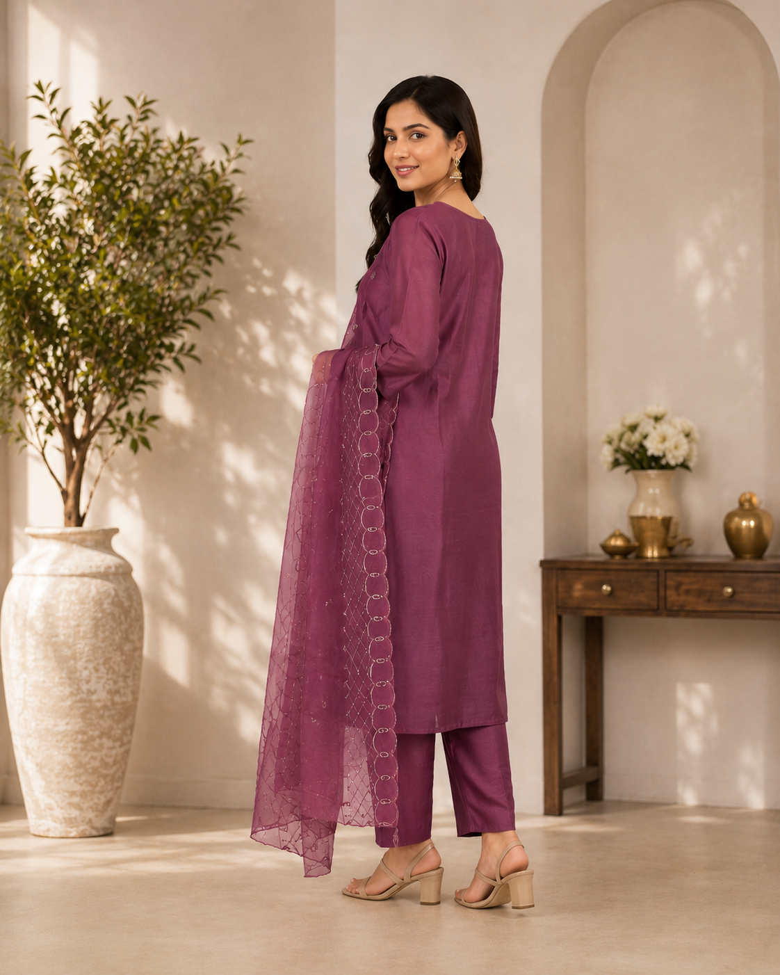 Dusty Rose Embroidered Kurta Set with Net Dupatta