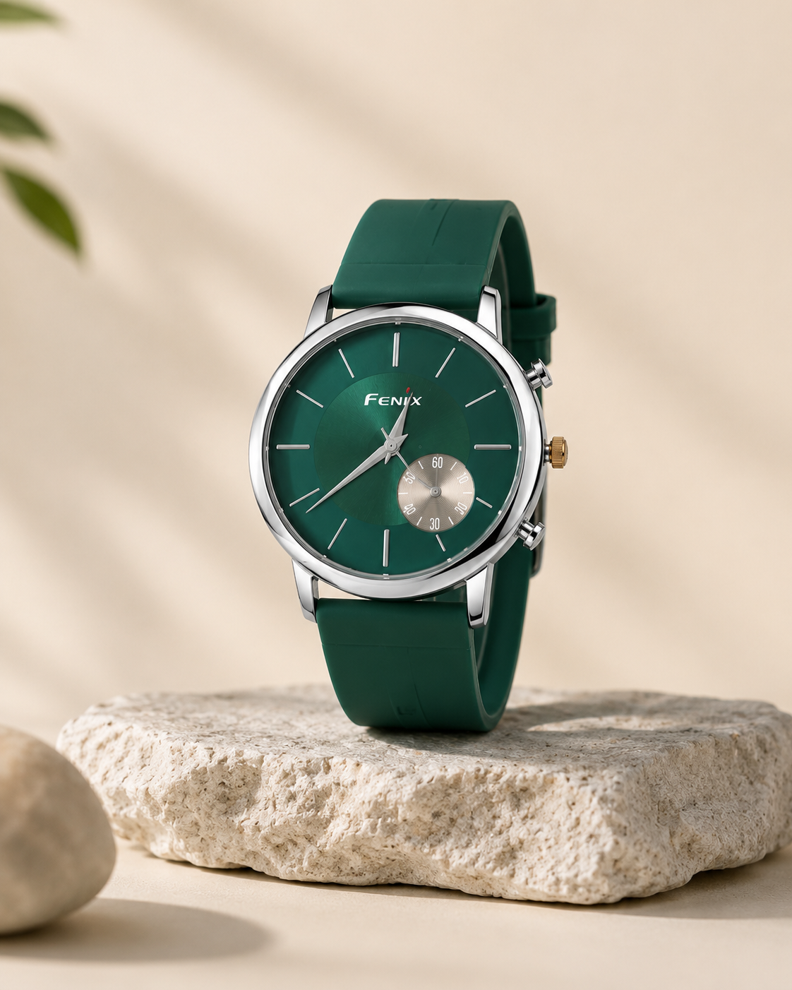 FENIX Men's Green Dial Analog Quartz Watch with Green Silicone Strap – Stylish Casual Wrist Watch for Men