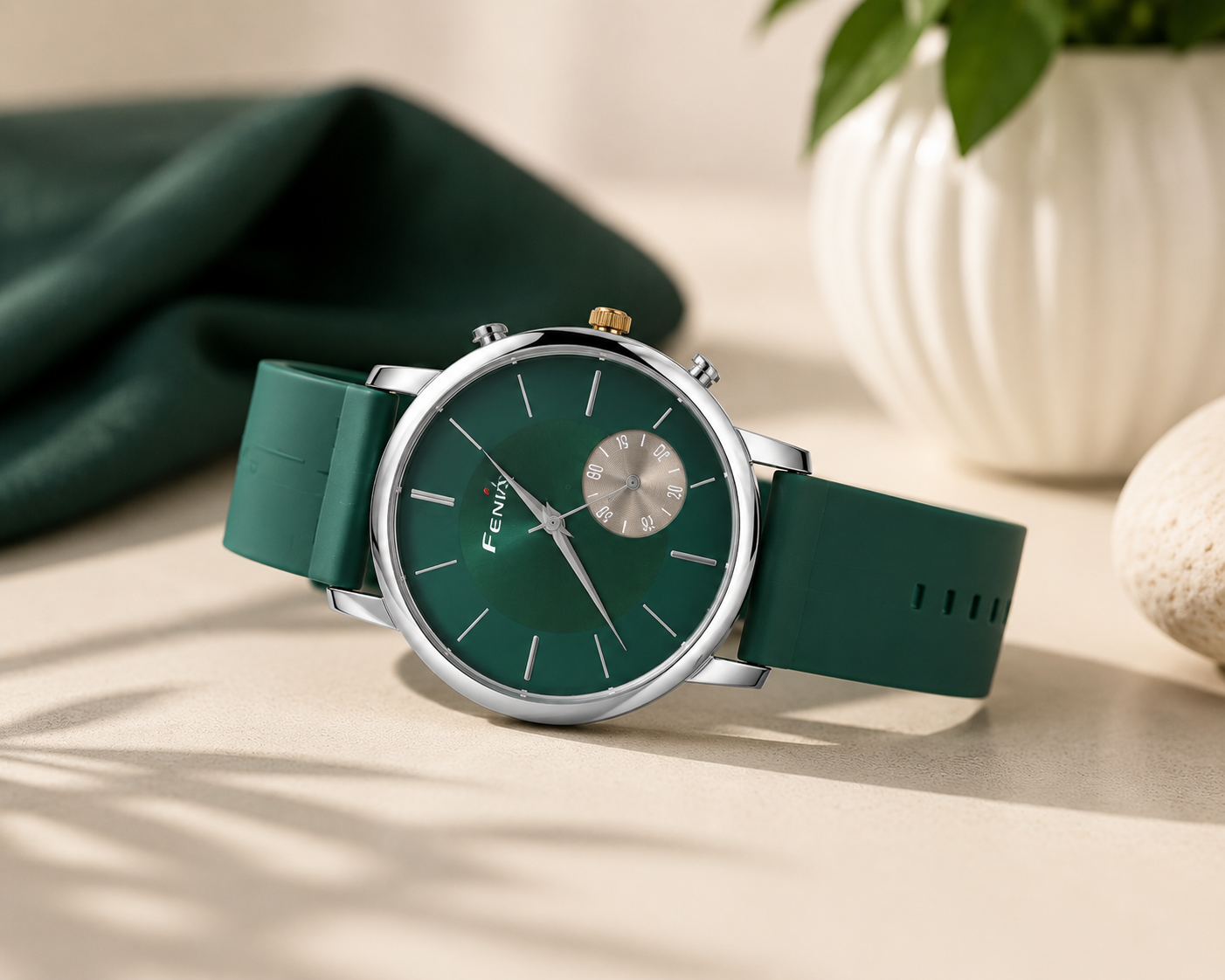 FENIX Men's Green Dial Analog Quartz Watch with Green Silicone Strap – Stylish Casual Wrist Watch for Men