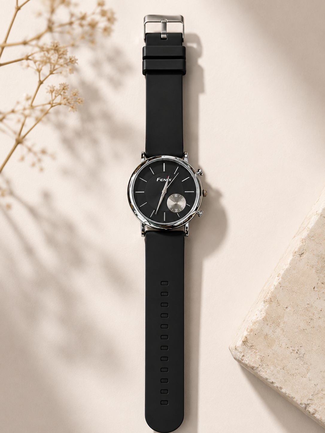 FENIX Men's Premium Analog Quartz Watch with Black Silicone Strap & Black Dial