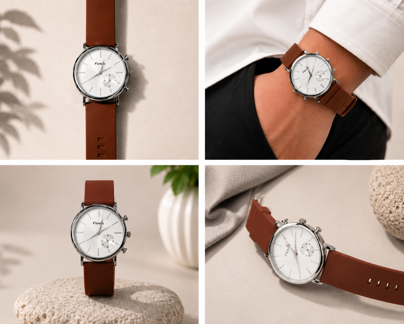 FENIX Men's Premium Analog Quartz Watch with Brown  Strap, White Dial & Stainless Steel Case – Classic Minimalist Wrist Watch