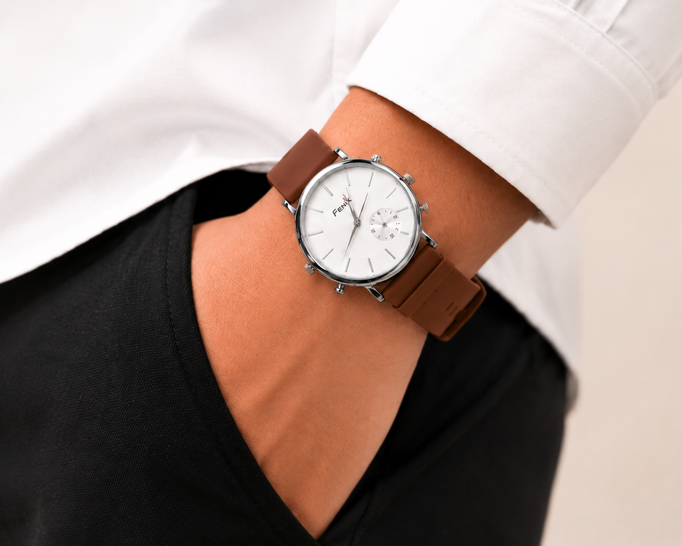 FENIX Men's Premium Analog Quartz Watch with Brown  Strap, White Dial & Stainless Steel Case – Classic Minimalist Wrist Watch