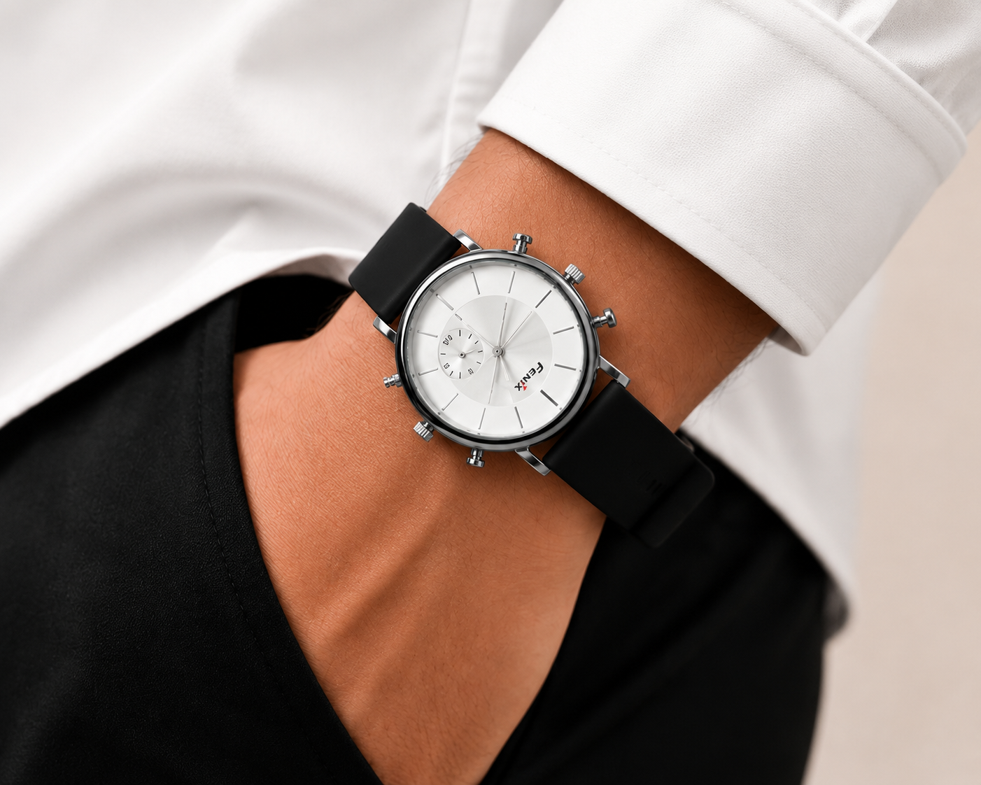 FENIX Men's Analog Quartz Watch with White Dial, Black Silicone Strap & Stainless Steel Case | Premium Minimalist Casual & Formal Wrist Watch