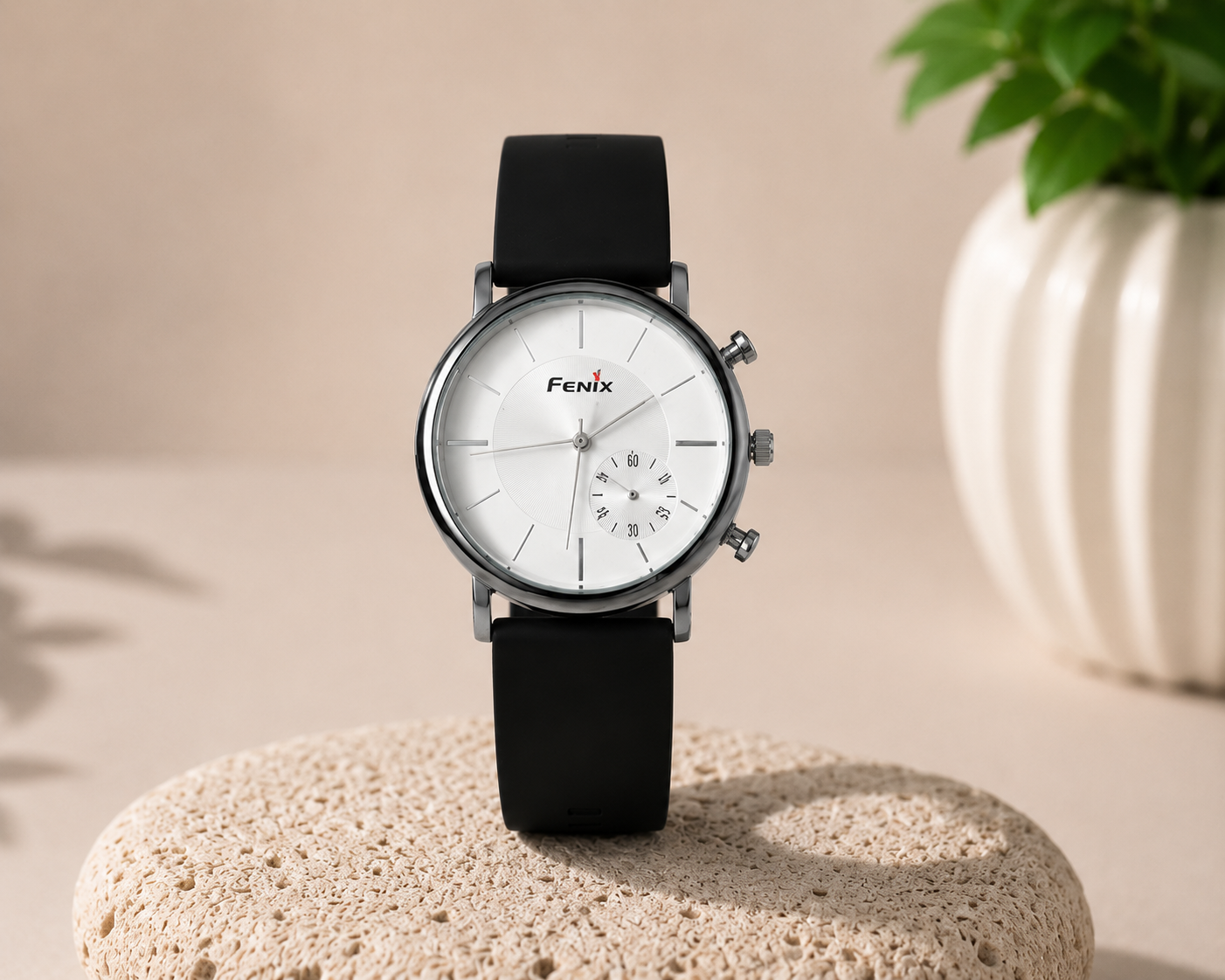 FENIX Men's Analog Quartz Watch with White Dial, Black Silicone Strap & Stainless Steel Case | Premium Minimalist Casual & Formal Wrist Watch