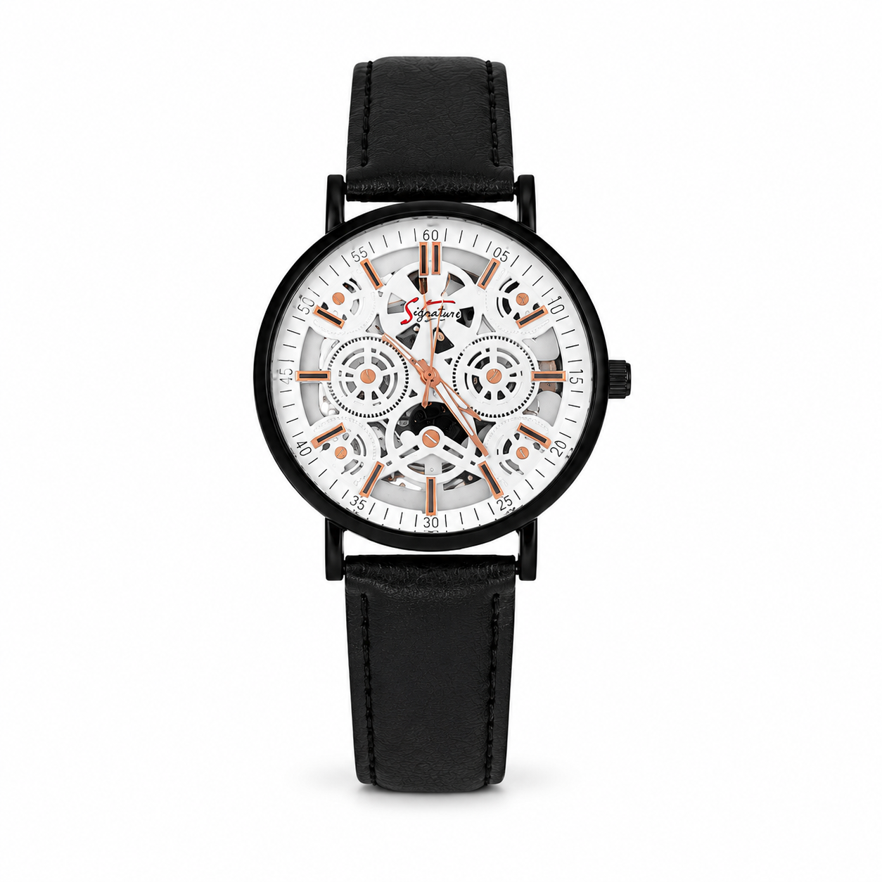Signature Men's Premium Skeleton White Dial Analog Watch with Black Leather Strap