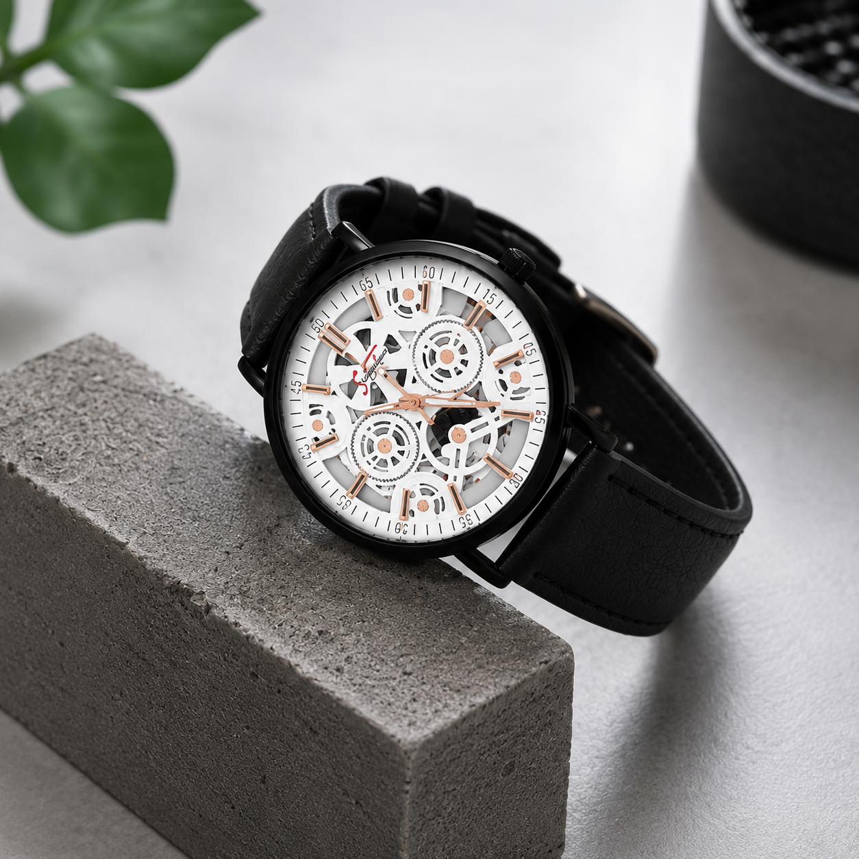 Signature Men's Premium Skeleton White Dial Analog Watch with Black Leather Strap