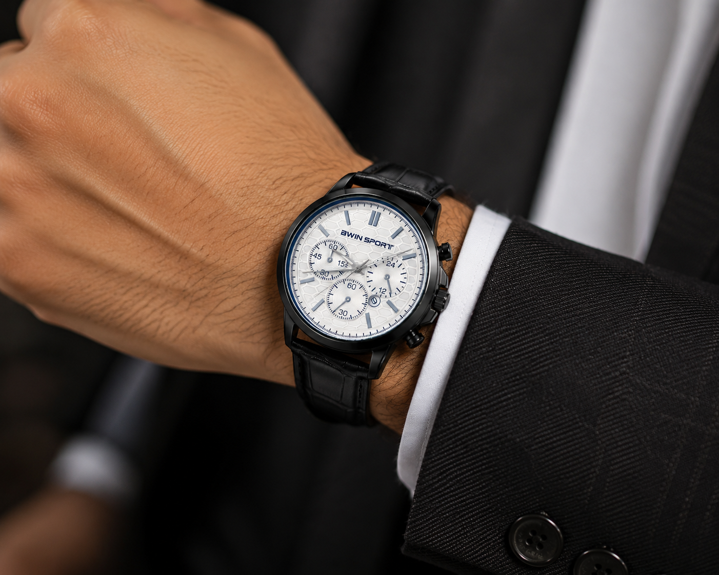 BWIN SPORT men's analog watch with a black case, white textured dial, leather strap, and chronograph-style design,