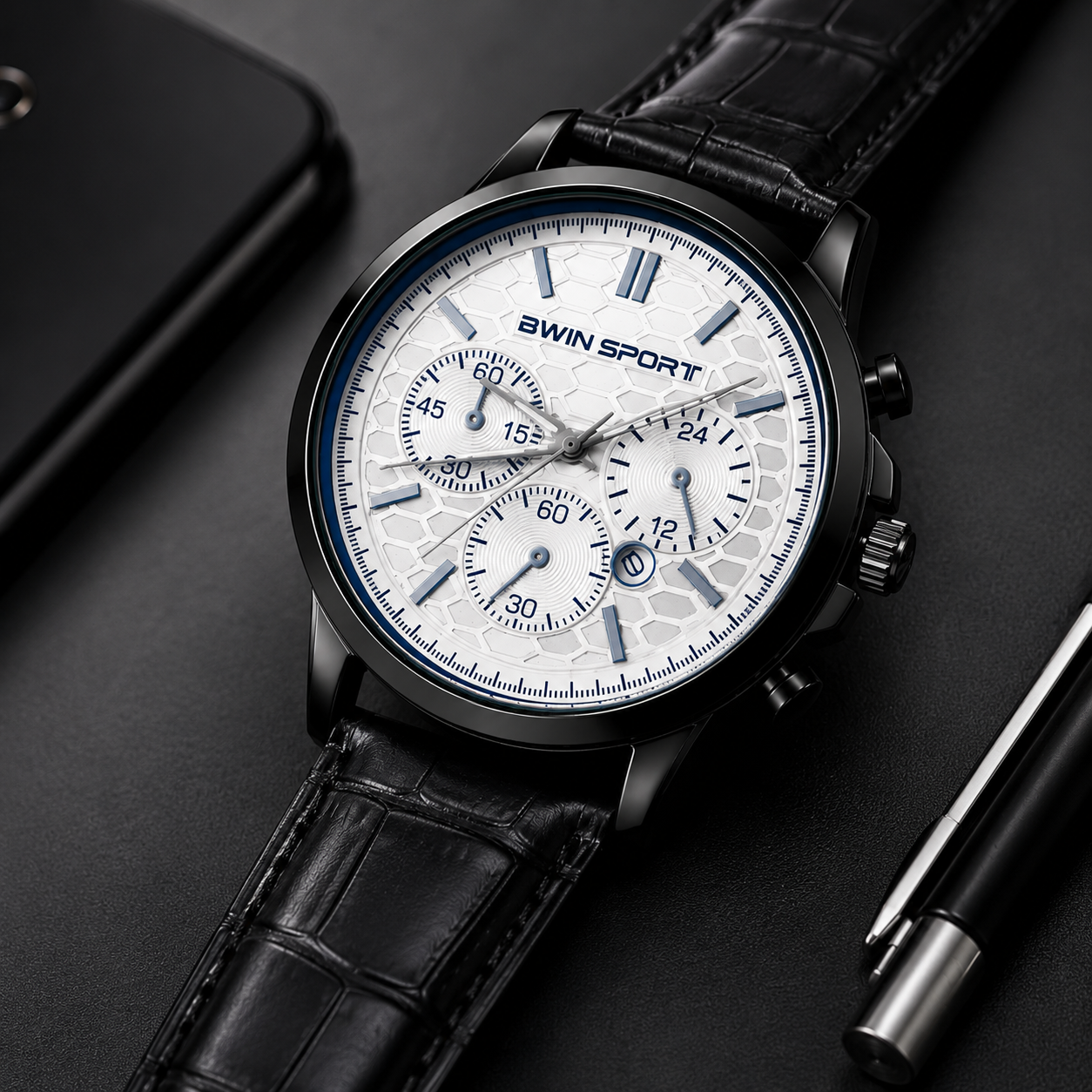 BWIN SPORT men's analog watch with a black case, white textured dial, leather strap, and chronograph-style design,