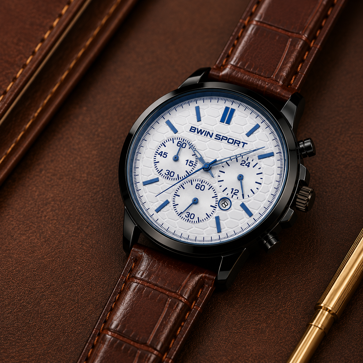 BWIN SPORT Men's Premium White Dial Analog Watch with Brown Leather Strap – Quartz Wrist Watch for Men
