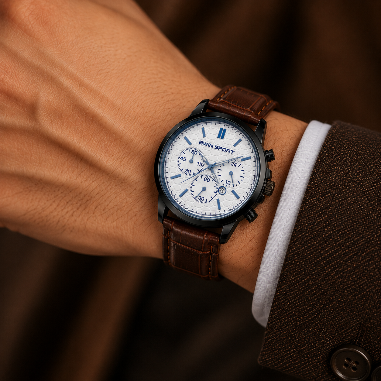 BWIN SPORT Men's Premium White Dial Analog Watch with Brown Leather Strap – Quartz Wrist Watch for Men