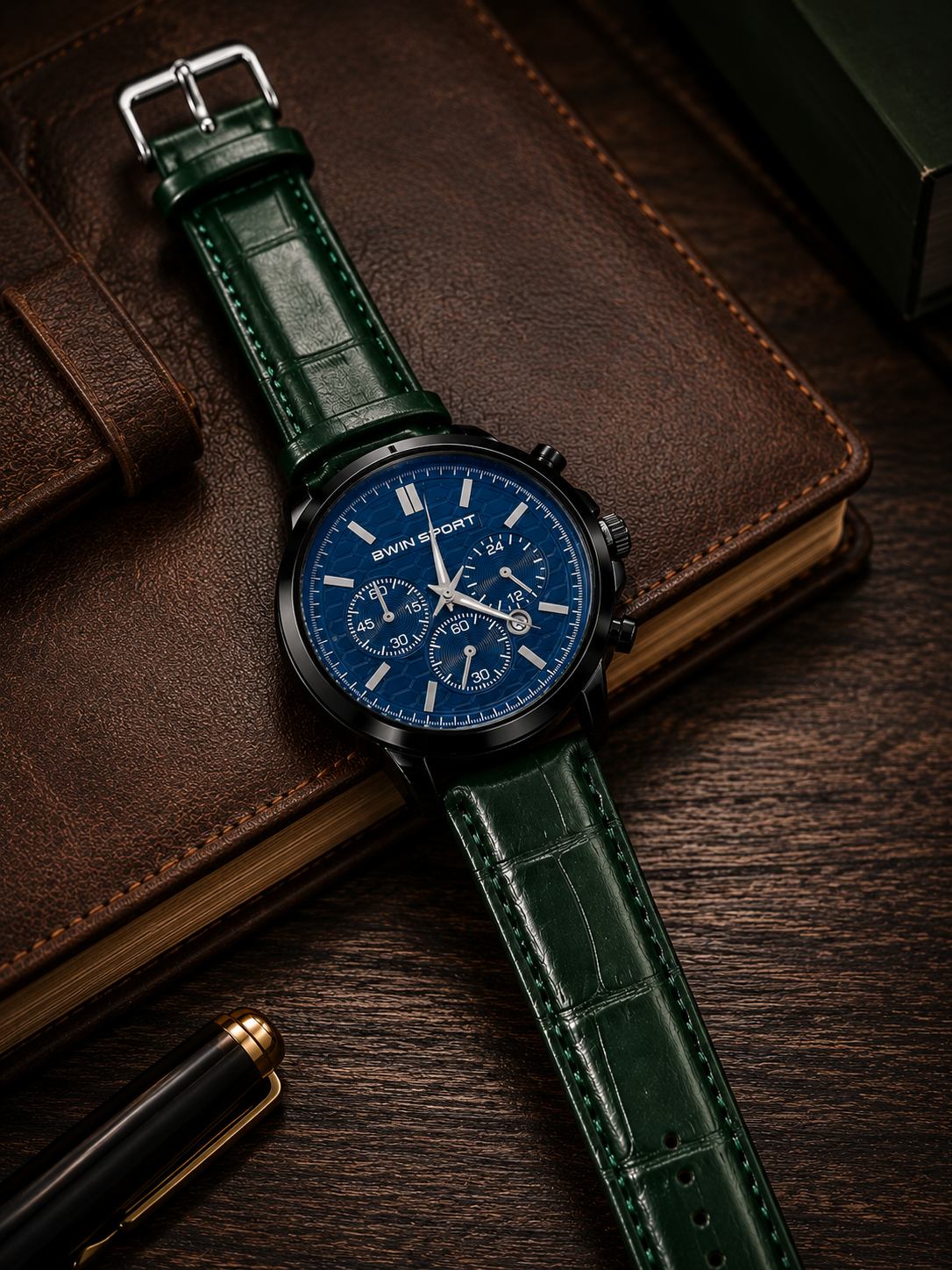 BWIN SPORT Men's Blue Analog Quartz Watch with Green Leather Strap