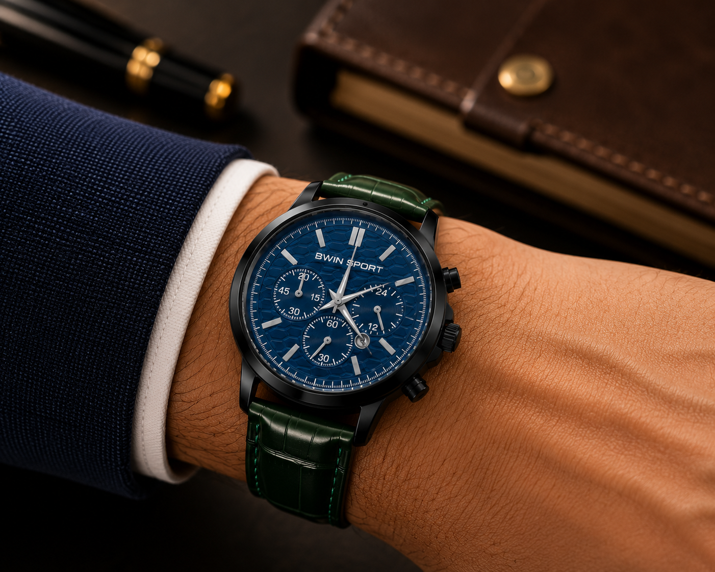 BWIN SPORT Men's Blue Analog Quartz Watch with Green Leather Strap