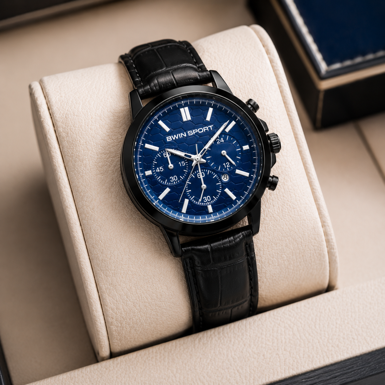 WIN SPORT men's analog chronograph-style watch with a blue dial, black leather strap, and black round case.