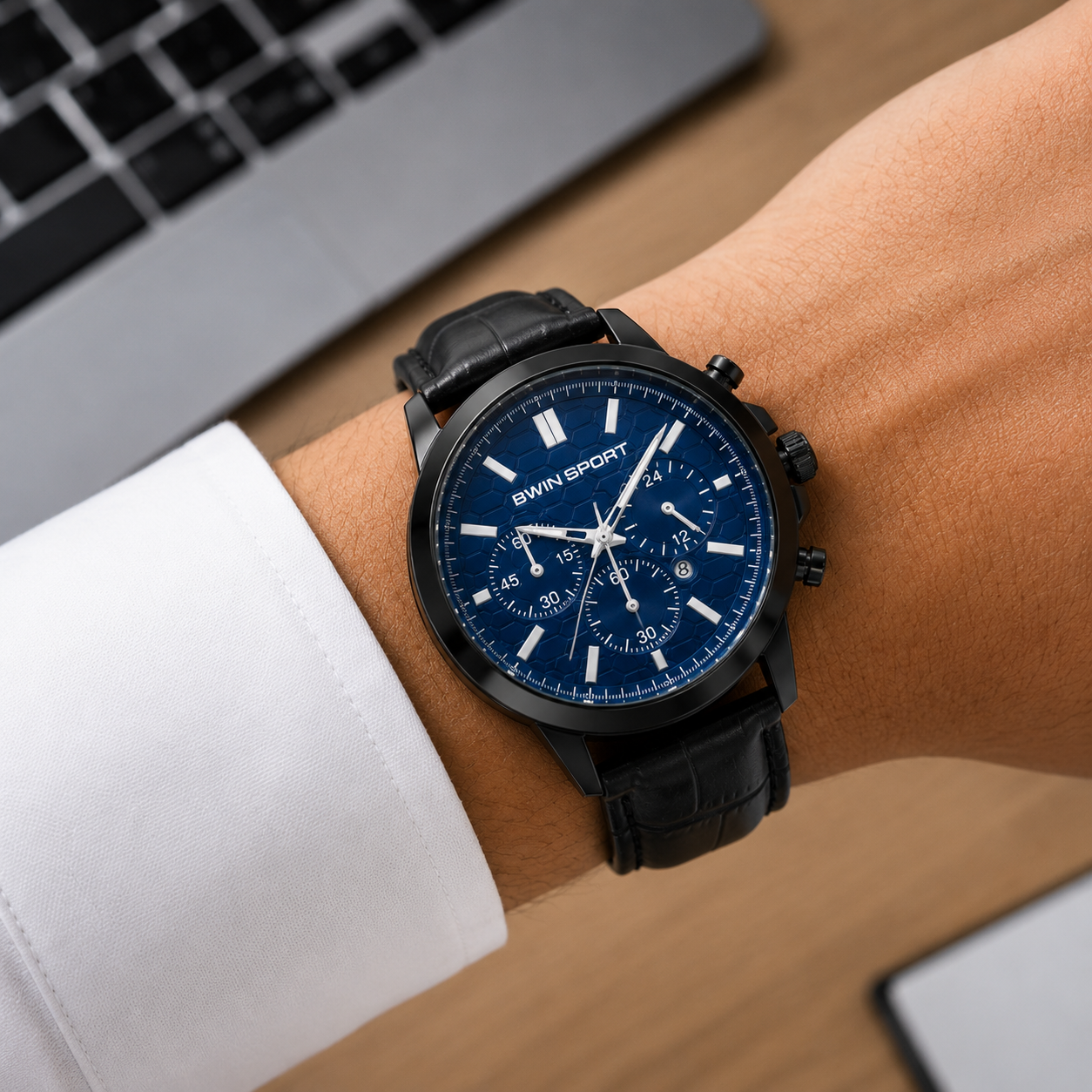 WIN SPORT men's analog chronograph-style watch with a blue dial, black leather strap, and black round case.