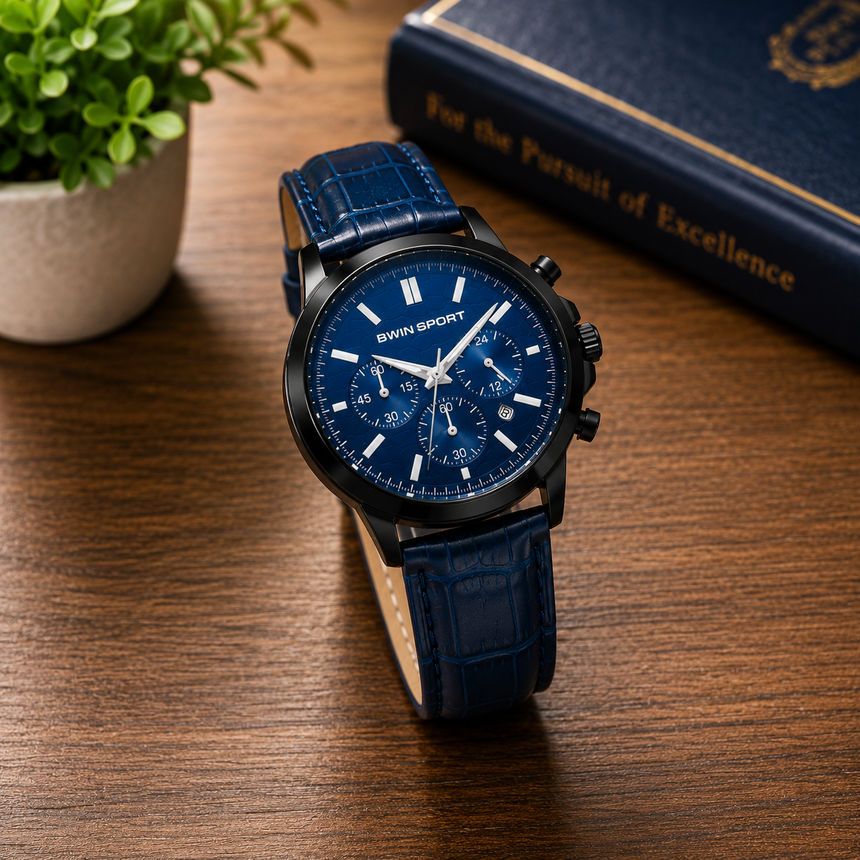 BWIN SPORT Men's Blue Dial Analog Quartz Watch with Blue Leather Strap – Premium Business & Casual Wrist Watch